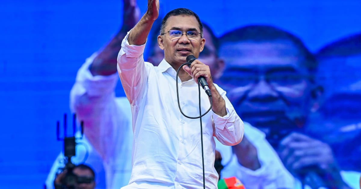 Bangladesh Nationalist party (BNP) leader Tarique Rahman speaks to his supporters during the last day of the election campaign this week. Photograph: Zabed Hasnain Chowdhury/SOPA Images/Shutterstock